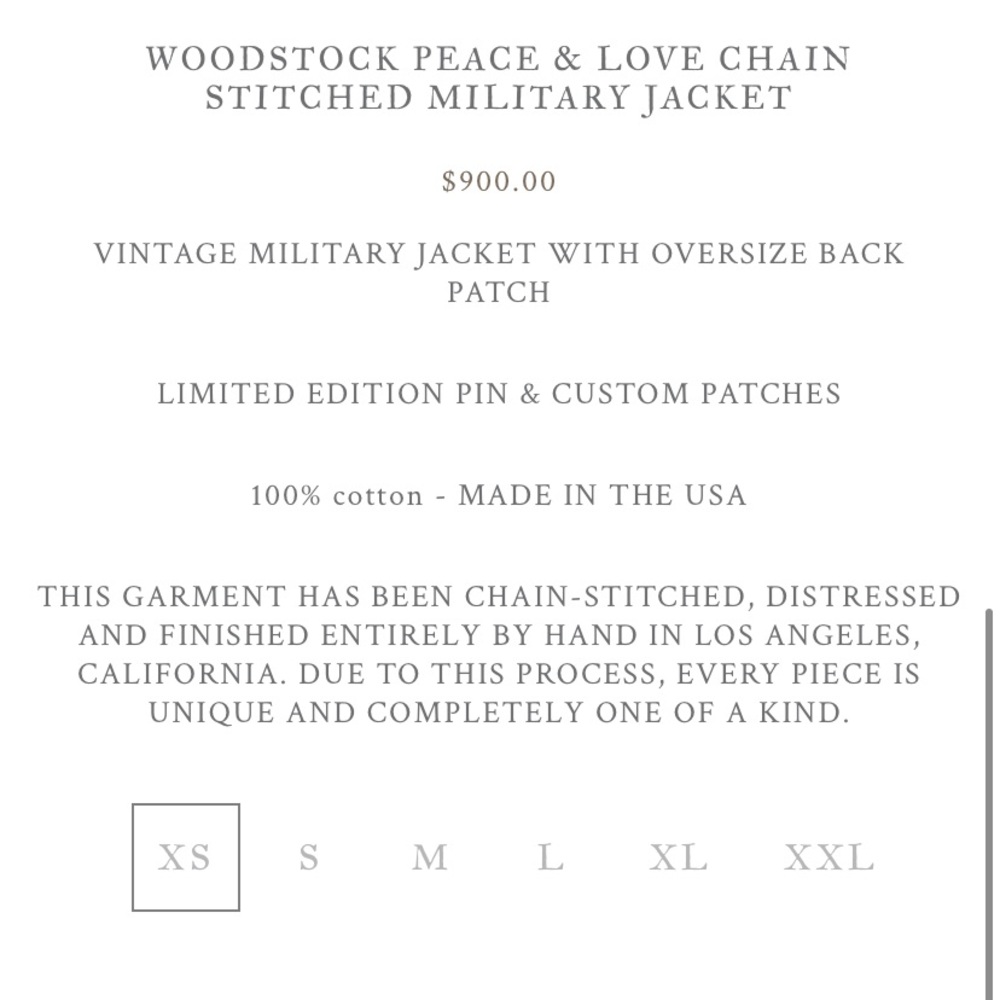 Madeworn xs WOODSTOCK PEACE & LOVE CHAIN STITCHED MILITARY JACKET - Picture 8 of 11